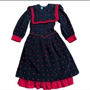 Vintage Sarah Kent Girls Size 8 Corduroy Red Polka Dot Bib Bow Valentines Dress